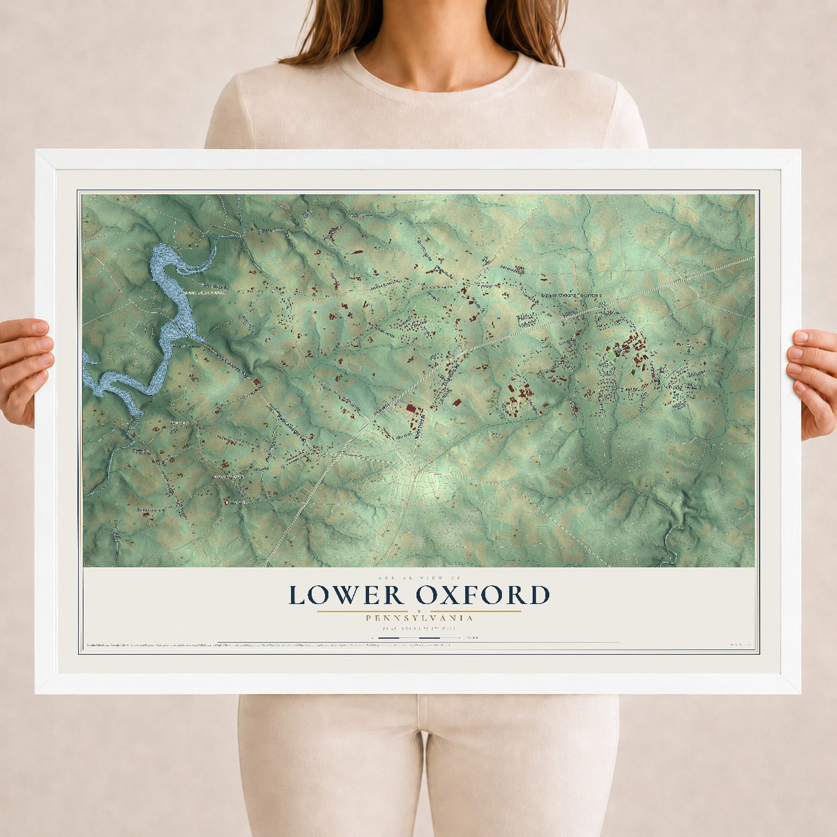 Map of Lower Oxford, Pennsylvania, 18 x 24 inch print in a white wood frame