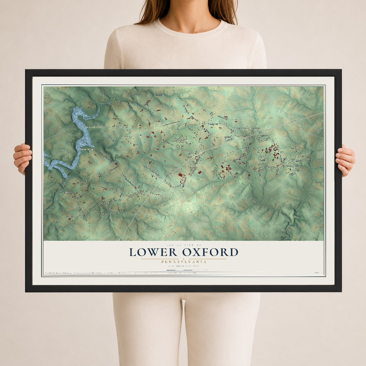Map of Lower Oxford, Pennsylvania, 24 x 36 inch print in a black wood frame