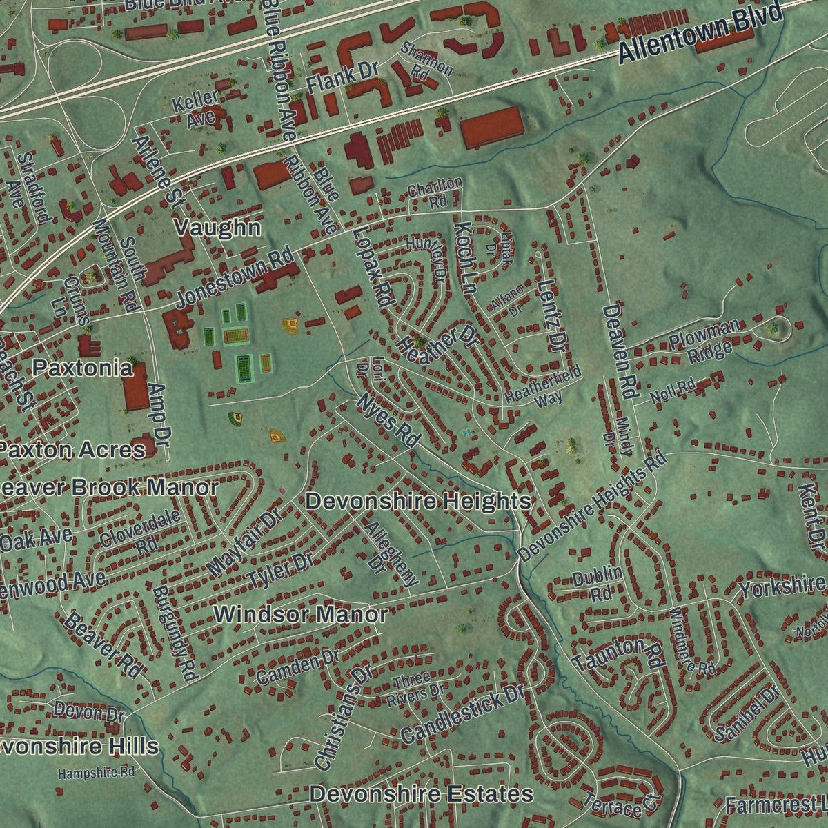 Second close-up of the map of Lower Paxton, Pennsylvania print showing more streets and buildings