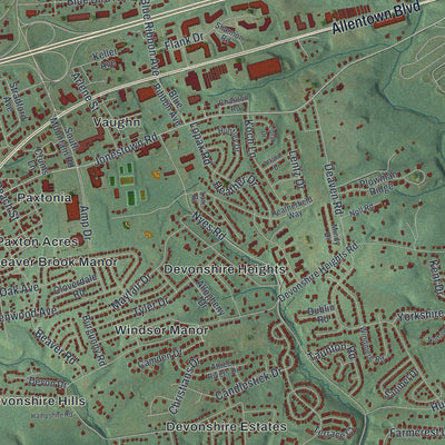 Second close-up of the map of Lower Paxton, Pennsylvania print showing more streets and buildings