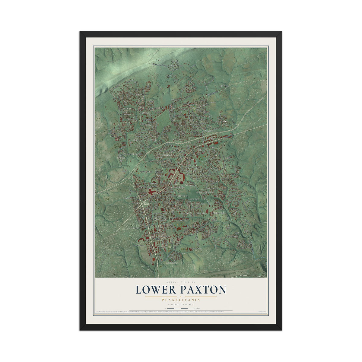 Map of Lower Paxton, Pennsylvania, 12 x 18 inch print in a black wood frame