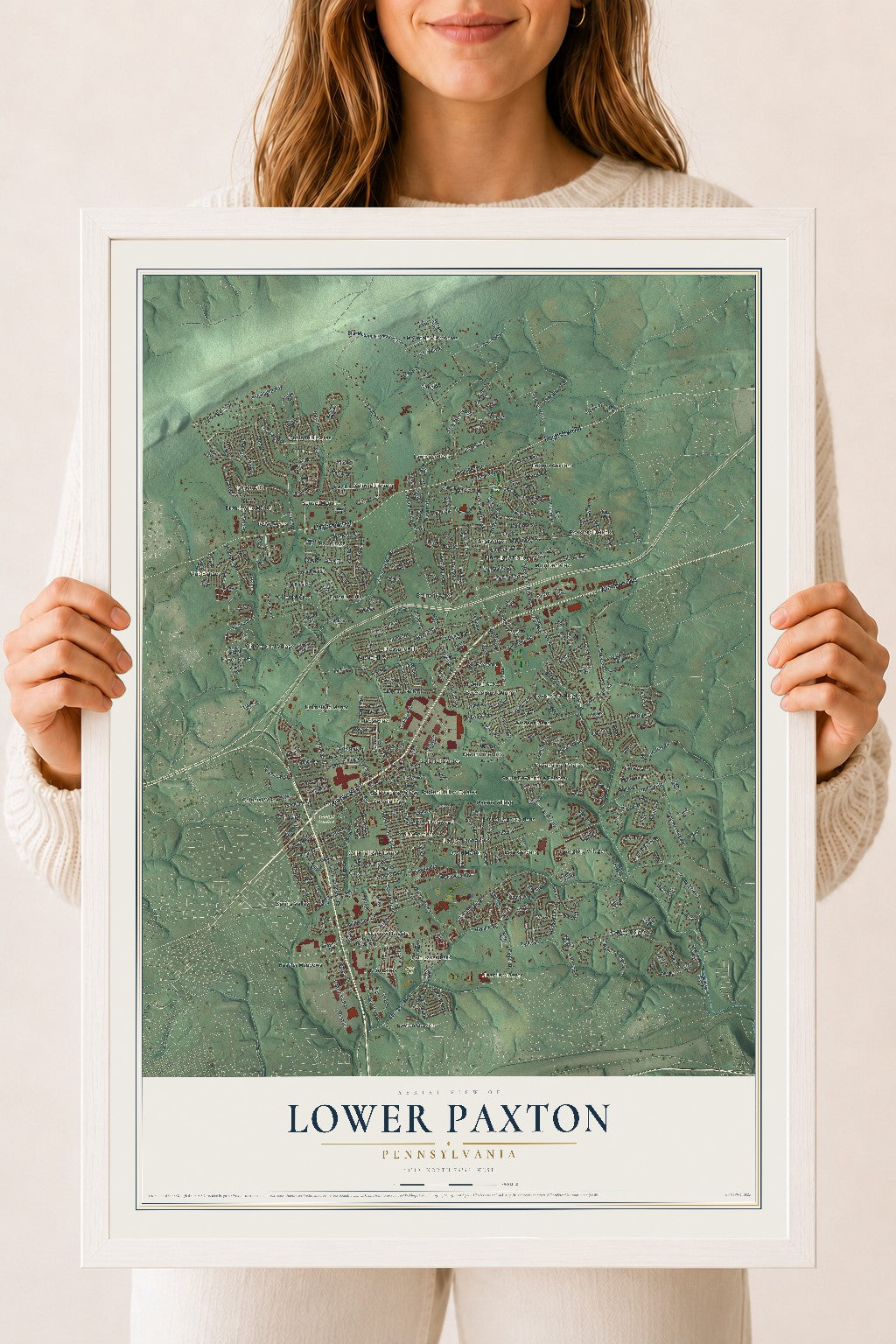 Map of Lower Paxton, Pennsylvania, 18 x 24 inch print in a white wood frame