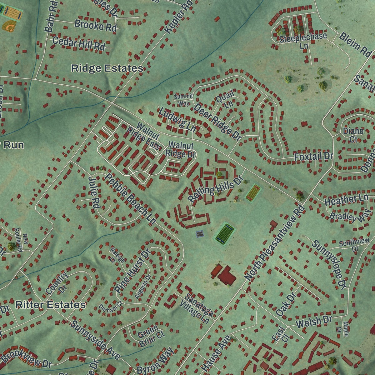Close-up of the map of Lower Pottsgrove, Pennsylvania print showing street and building detail