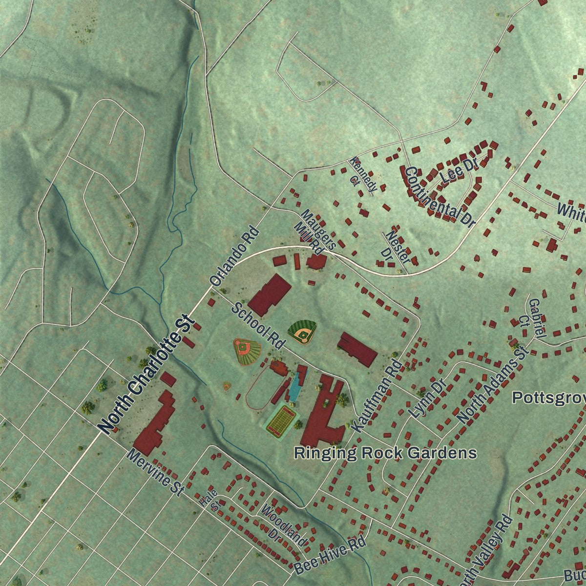 Second close-up of the map of Lower Pottsgrove, Pennsylvania print showing more streets and buildings