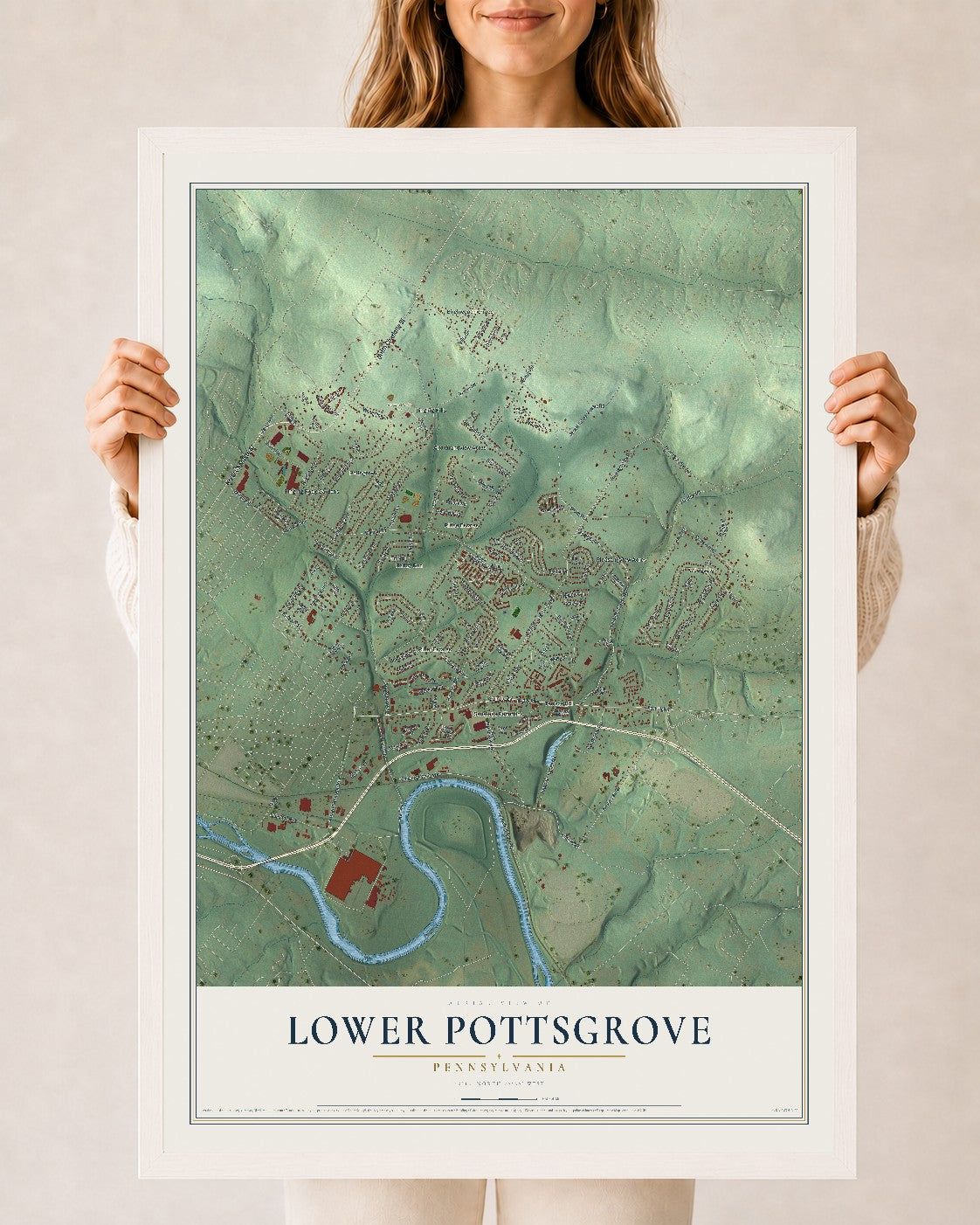 Map of Lower Pottsgrove, Pennsylvania, 24 x 36 inch print in a white wood frame