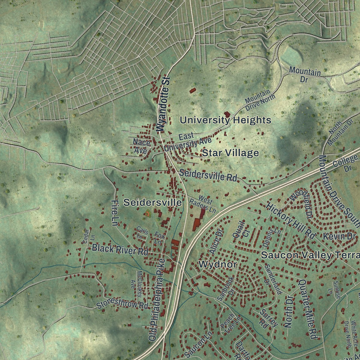 Close-up of the map of Lower Saucon, Pennsylvania print showing street and building detail