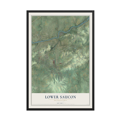 Map of Lower Saucon, Pennsylvania, 12 x 18 inch print in a black wood frame