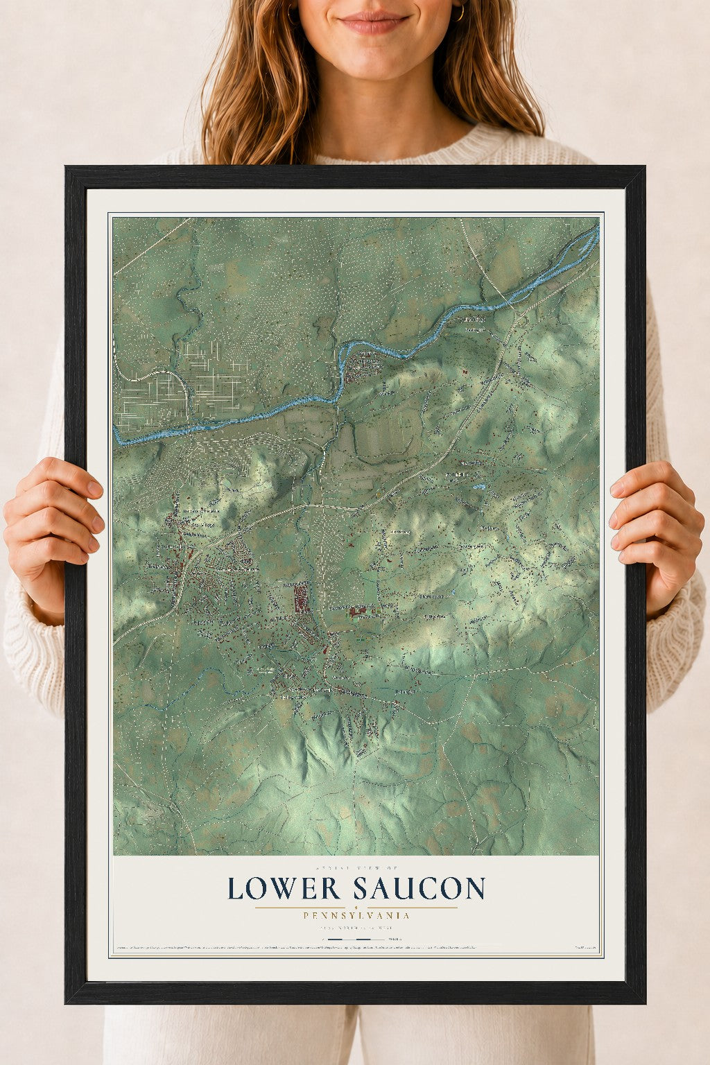 Map of Lower Saucon, Pennsylvania, 18 x 24 inch print in a black wood frame