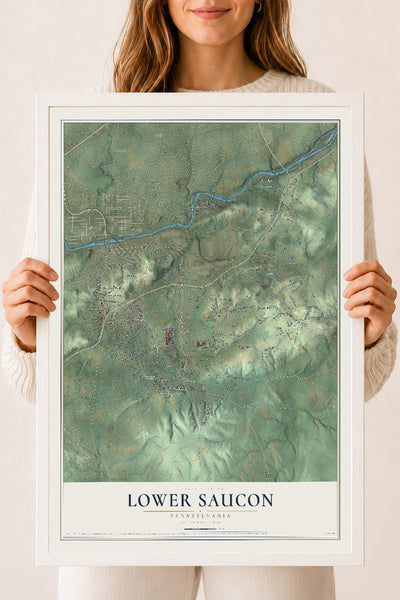 Map of Lower Saucon, Pennsylvania, 18 x 24 inch print in a white wood frame