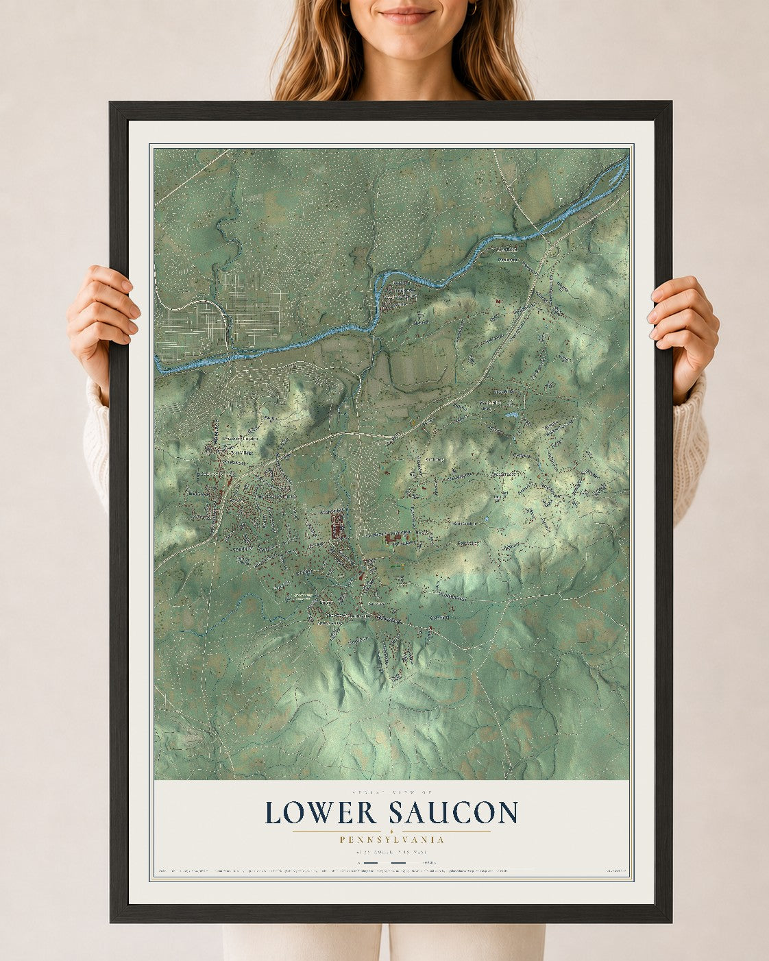Map of Lower Saucon, Pennsylvania, 24 x 36 inch print in a black wood frame