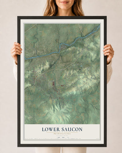 Map of Lower Saucon, Pennsylvania, 24 x 36 inch print in a black wood frame