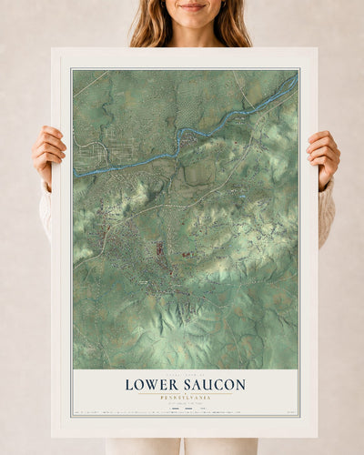 Map of Lower Saucon, Pennsylvania, 24 x 36 inch print in a white wood frame