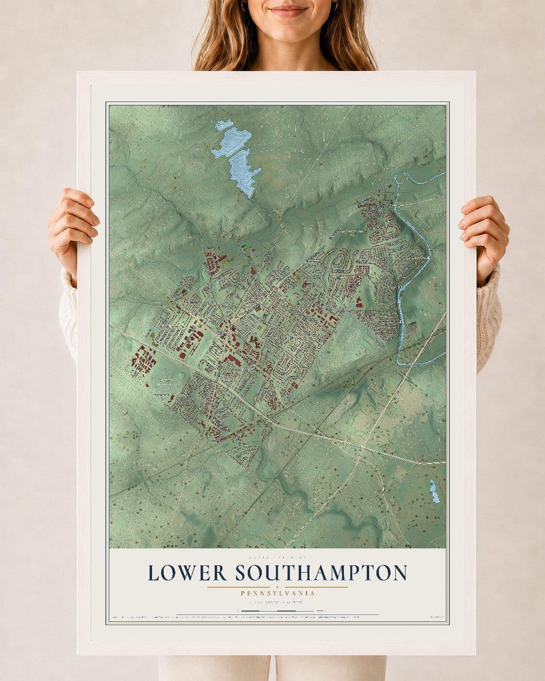 Map of Lower Southampton, Pennsylvania, 24 x 36 inch print in a white wood frame