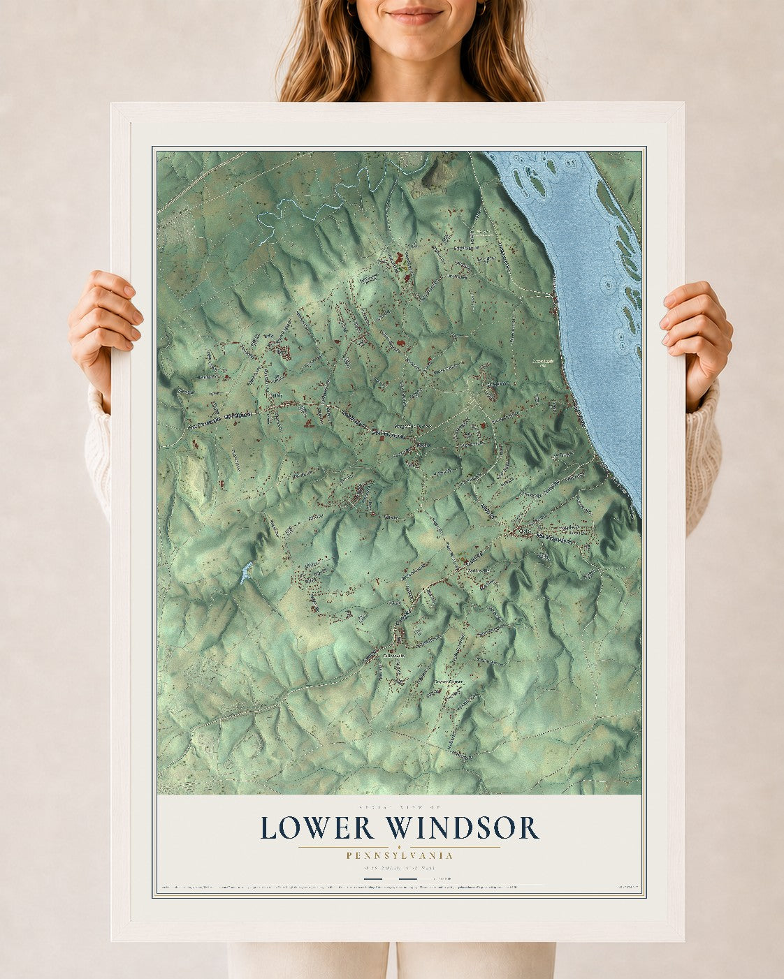 Map of Lower Windsor, Pennsylvania, 24 x 36 inch print in a white wood frame