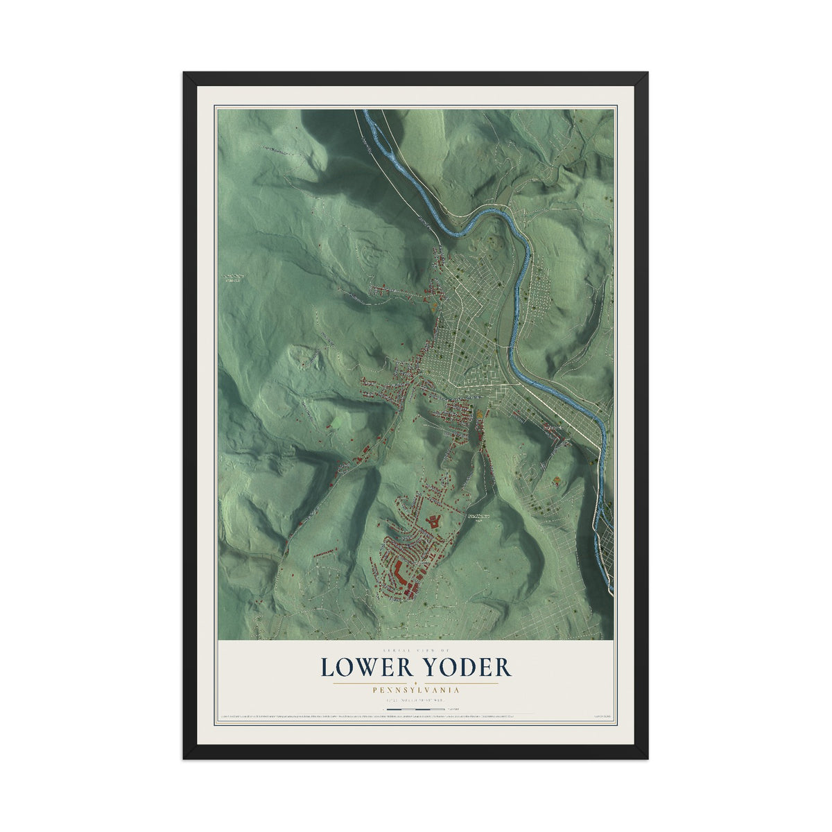 Map of Lower Yoder, Pennsylvania, 12 x 18 inch print in a black wood frame