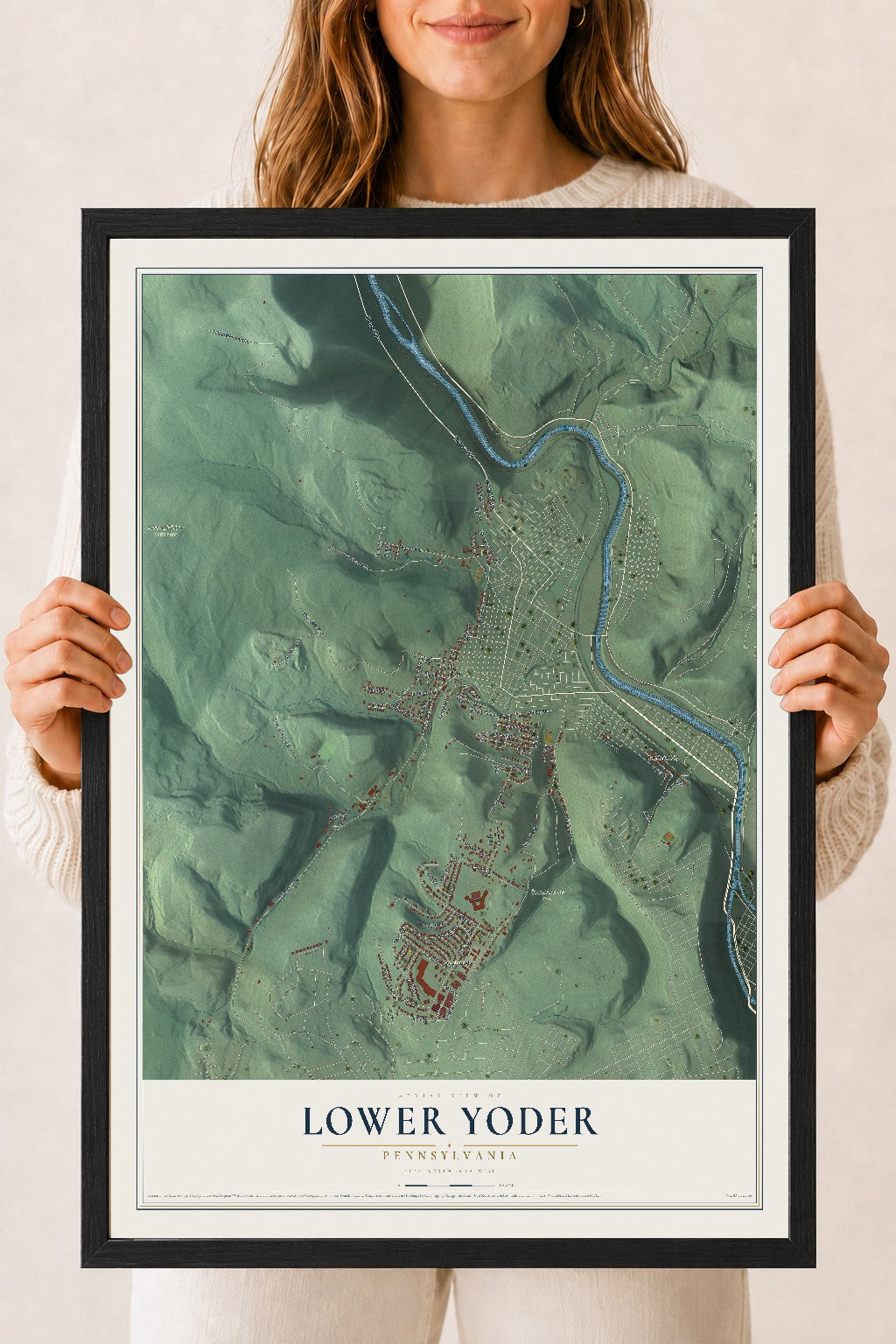 Map of Lower Yoder, Pennsylvania, 18 x 24 inch print in a black wood frame