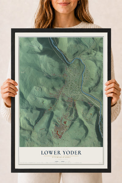 Map of Lower Yoder, Pennsylvania, 18 x 24 inch print in a black wood frame