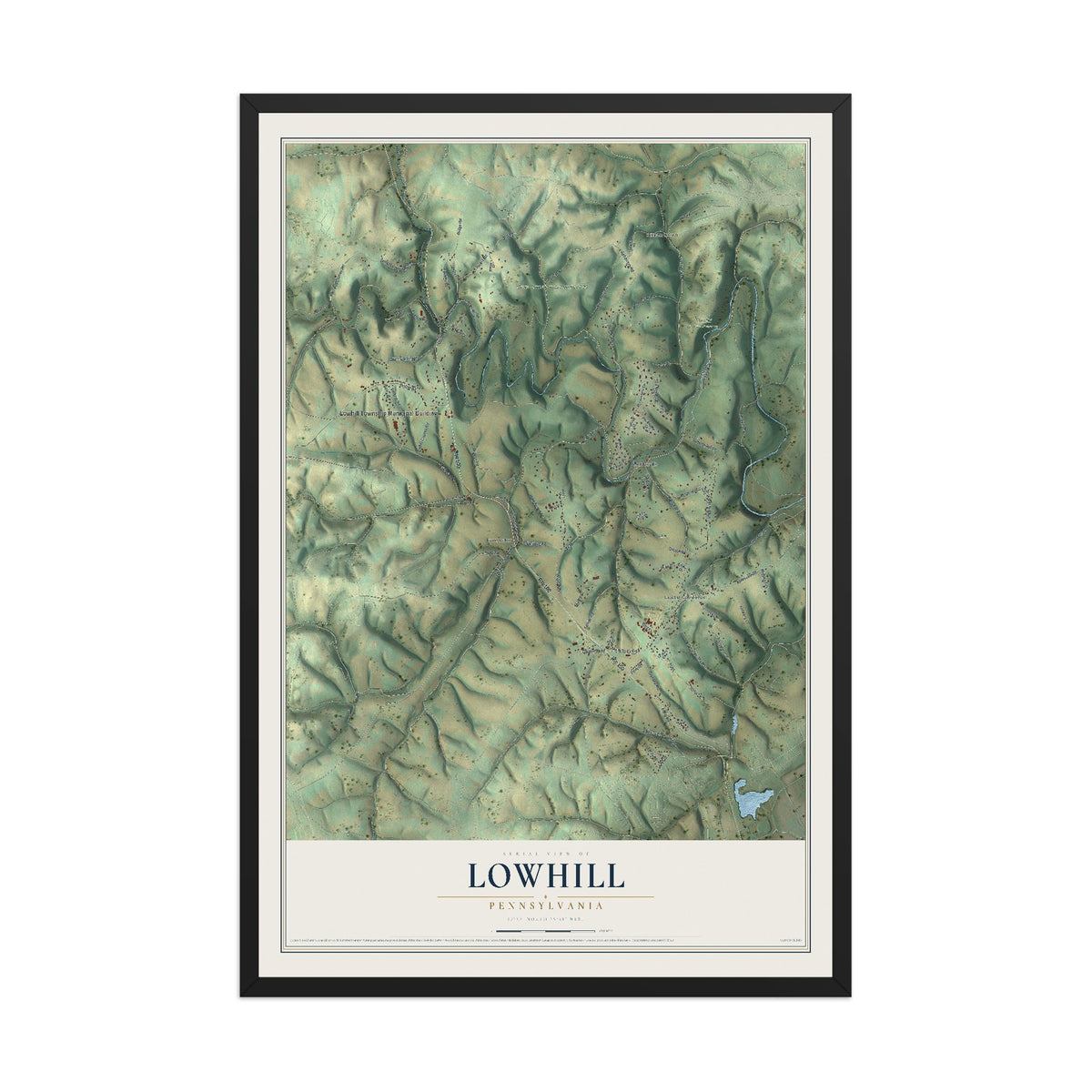 Map of Lowhill, Pennsylvania, 12 x 18 inch print in a black wood frame