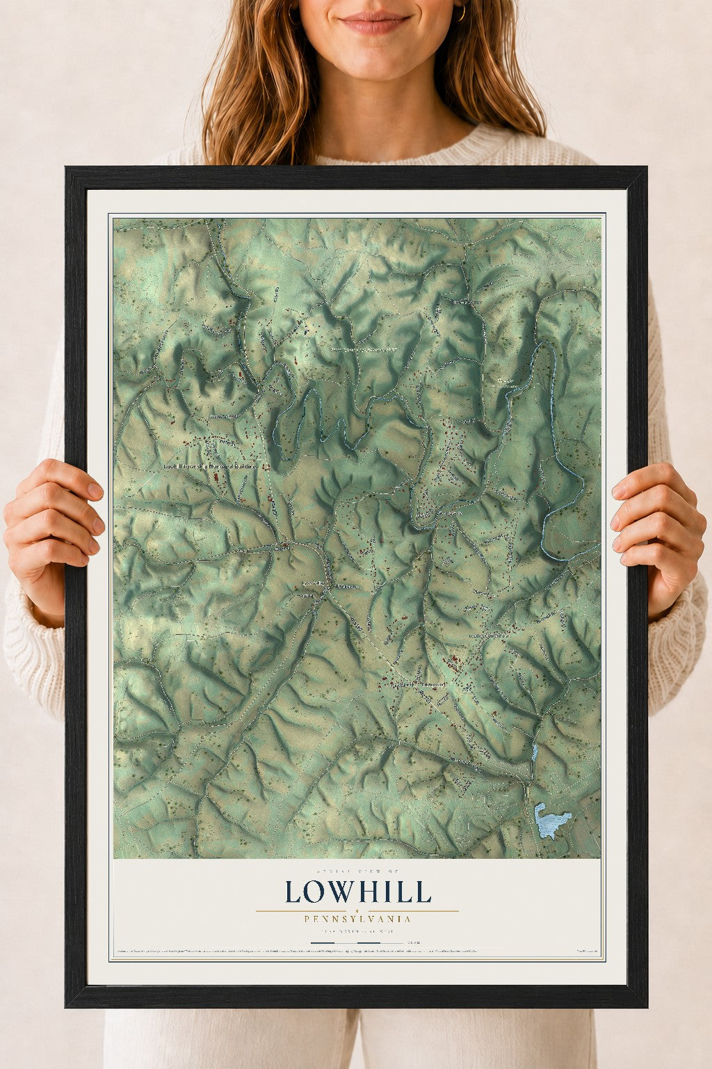 Map of Lowhill, Pennsylvania, 18 x 24 inch print in a black wood frame