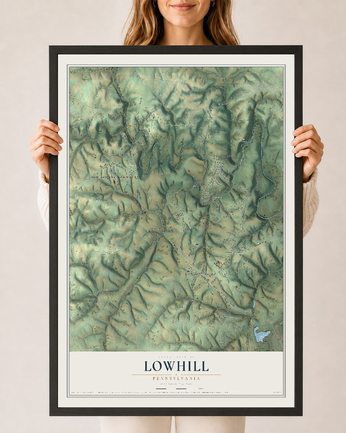 Map of Lowhill, Pennsylvania, 24 x 36 inch print in a black wood frame