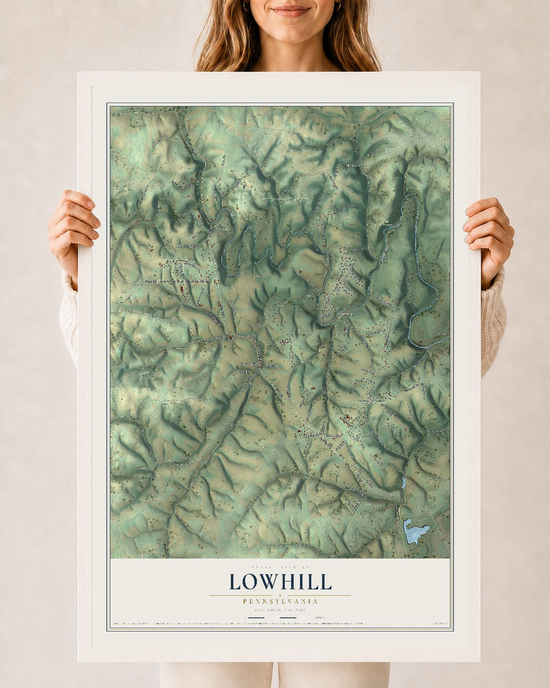 Map of Lowhill, Pennsylvania, 24 x 36 inch print in a white wood frame