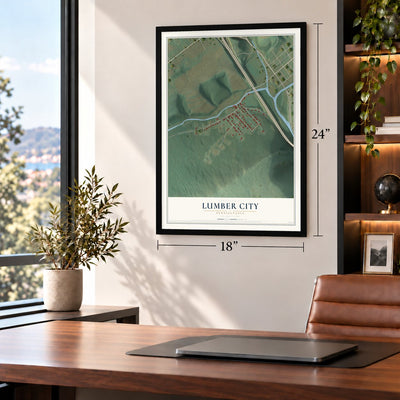 Lumber City, Pennsylvania map, 18 x 24 inch print in a black frame in a home office