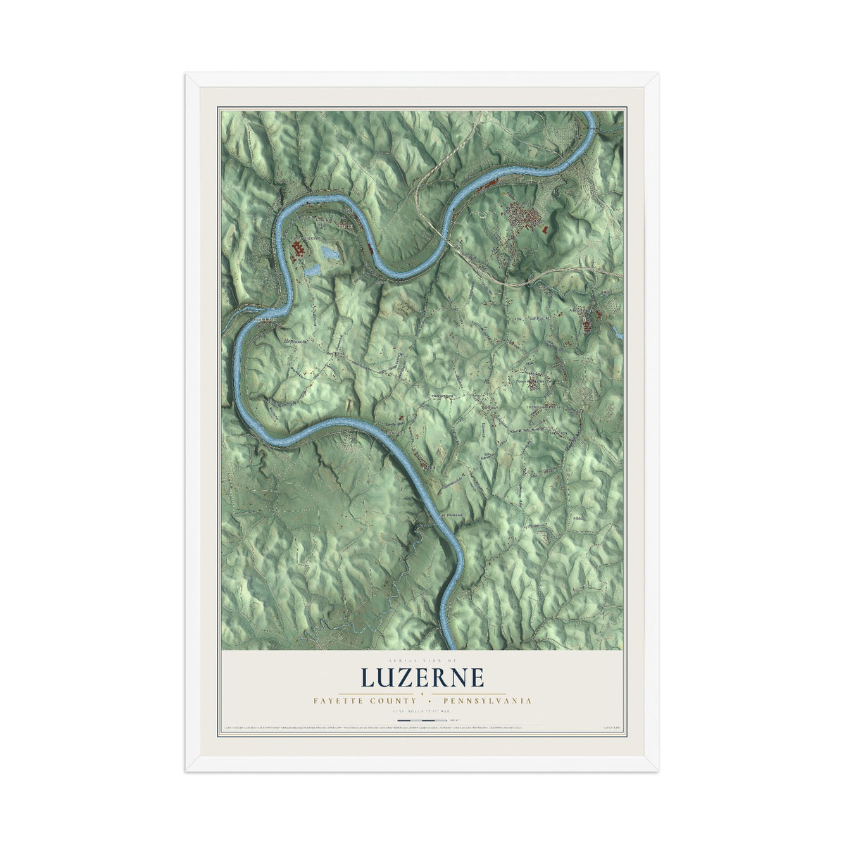 Map of Luzerne, Fayette County, Pennsylvania, 12 x 18 inch print in a white wood frame