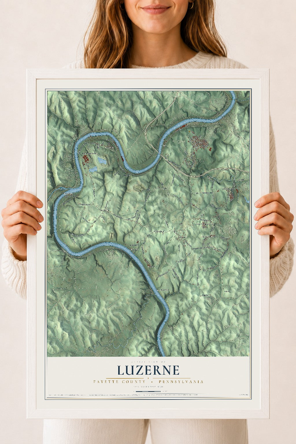 Map of Luzerne, Fayette County, Pennsylvania, 18 x 24 inch print in a white wood frame