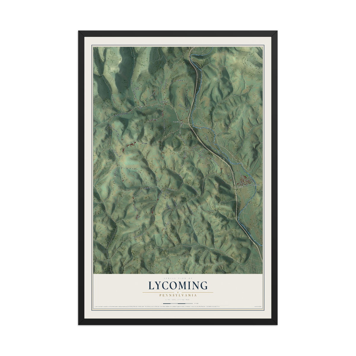 Map of Lycoming, Pennsylvania, 12 x 18 inch print in a black wood frame