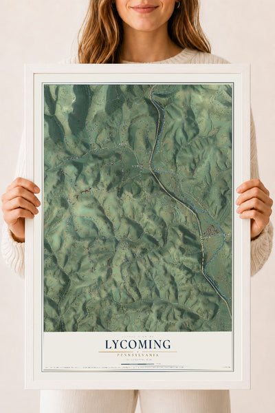 Map of Lycoming, Pennsylvania, 18 x 24 inch print in a white wood frame