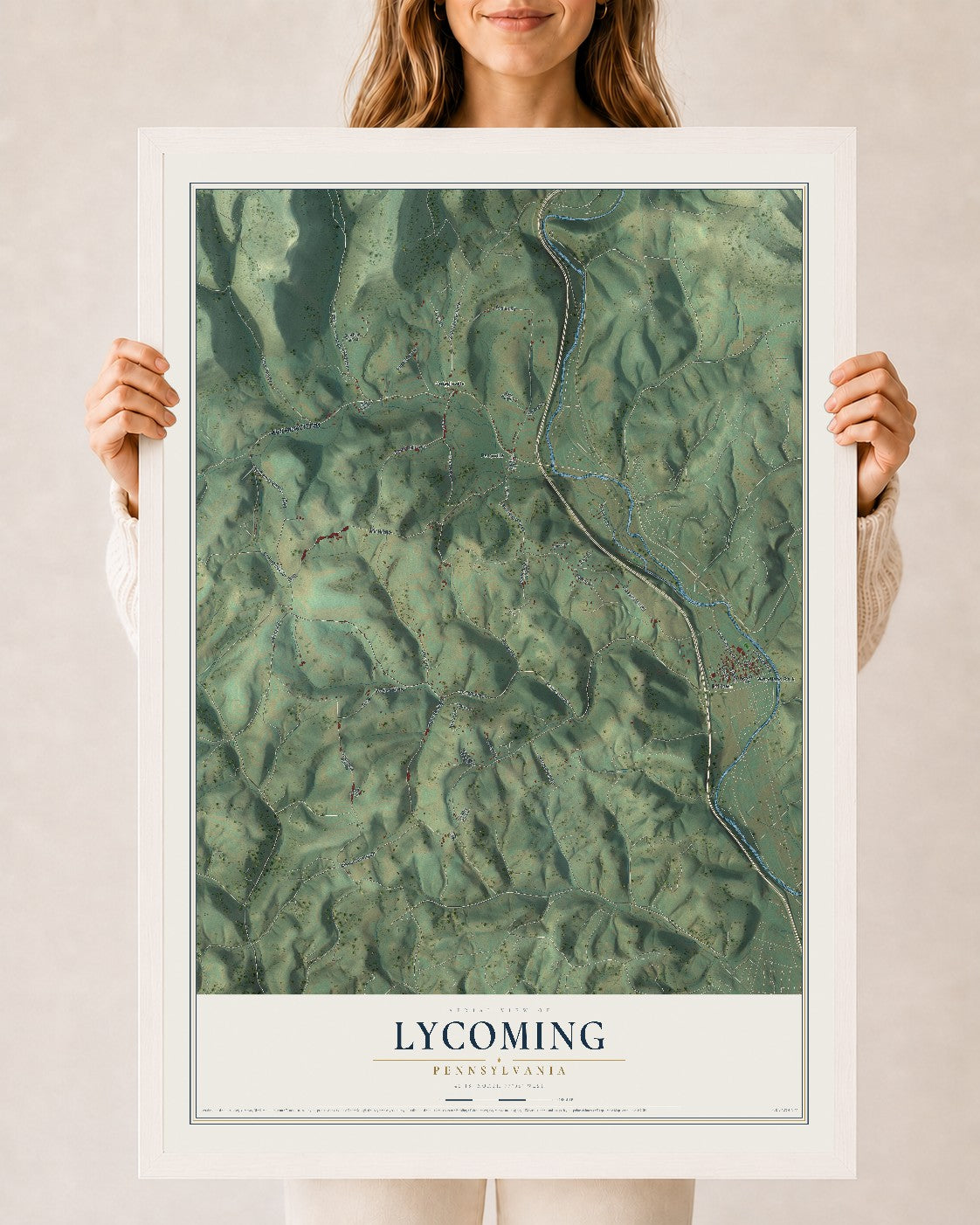 Map of Lycoming, Pennsylvania, 24 x 36 inch print in a white wood frame