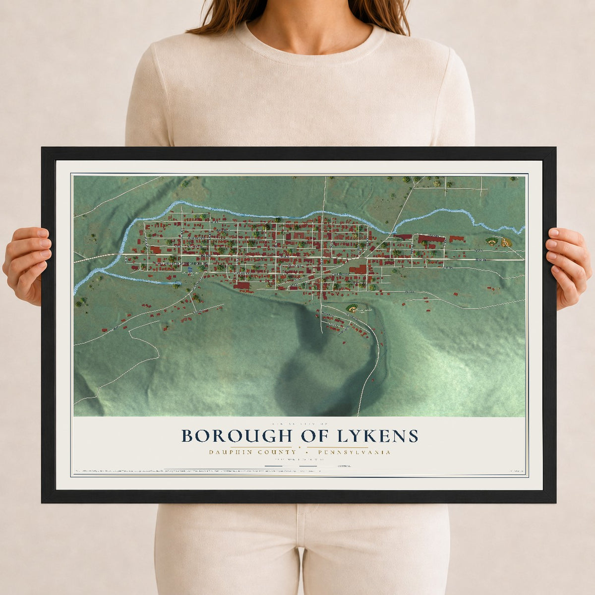 Map of the Borough of Lykens, Dauphin County, Pennsylvania, 12 x 18 inch print in a black wood frame