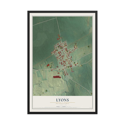 Map of Lyons, Pennsylvania, 12 x 18 inch print in a black wood frame