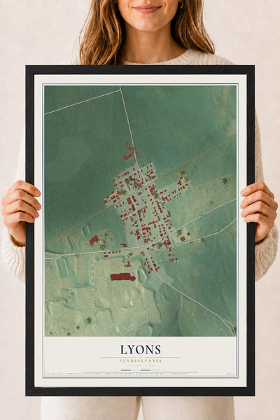 Map of Lyons, Pennsylvania, 18 x 24 inch print in a black wood frame