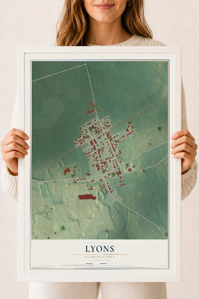 Map of Lyons, Pennsylvania, 18 x 24 inch print in a white wood frame