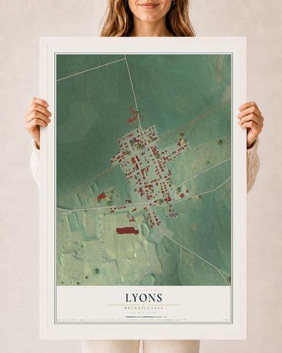 Map of Lyons, Pennsylvania, 24 x 36 inch print in a white wood frame