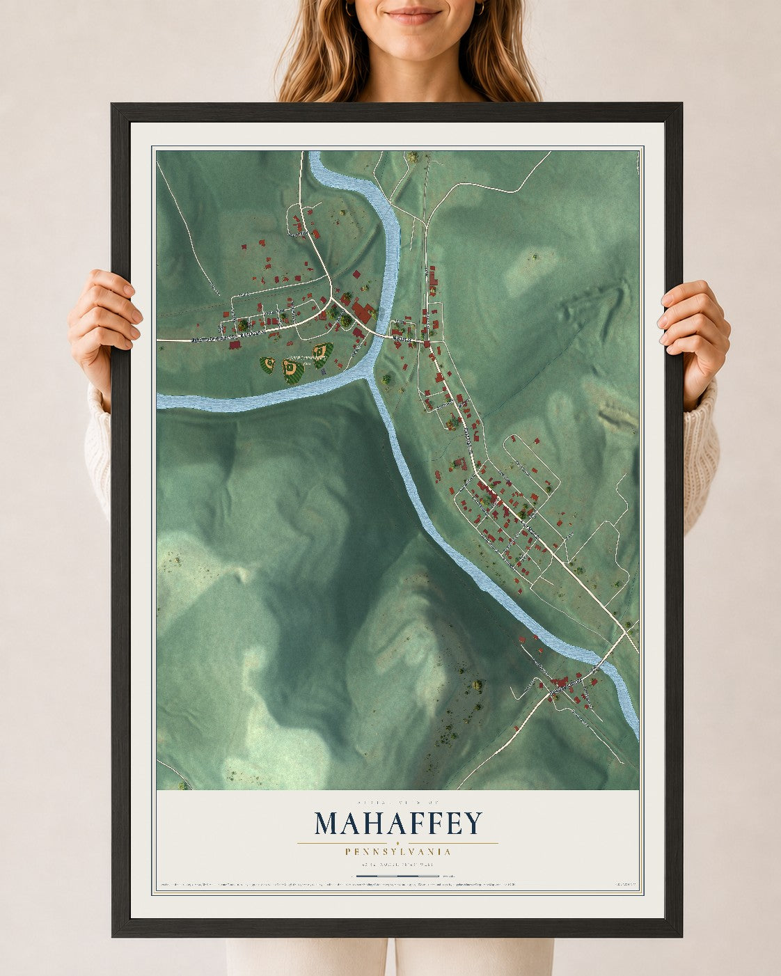 Map of Mahaffey, Pennsylvania, 24 x 36 inch print in a black wood frame