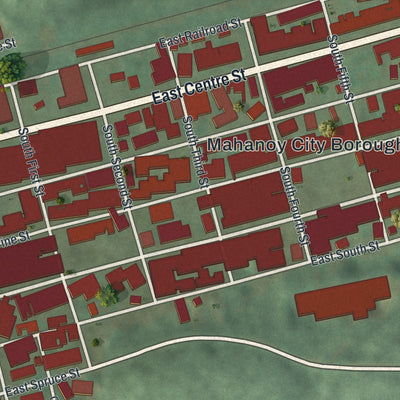Close-up of the map of Mahanoy City, Pennsylvania print showing street and building detail