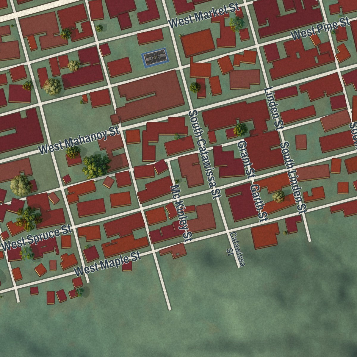 Second close-up of the map of Mahanoy City, Pennsylvania print showing more streets and buildings