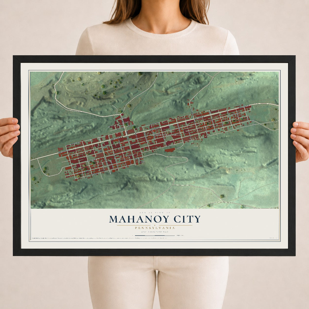 Map of Mahanoy City, Pennsylvania, 18 x 24 inch print in a black wood frame
