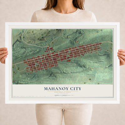 Map of Mahanoy City, Pennsylvania, 18 x 24 inch print in a white wood frame