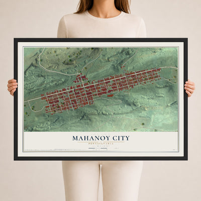 Map of Mahanoy City, Pennsylvania, 24 x 36 inch print in a black wood frame