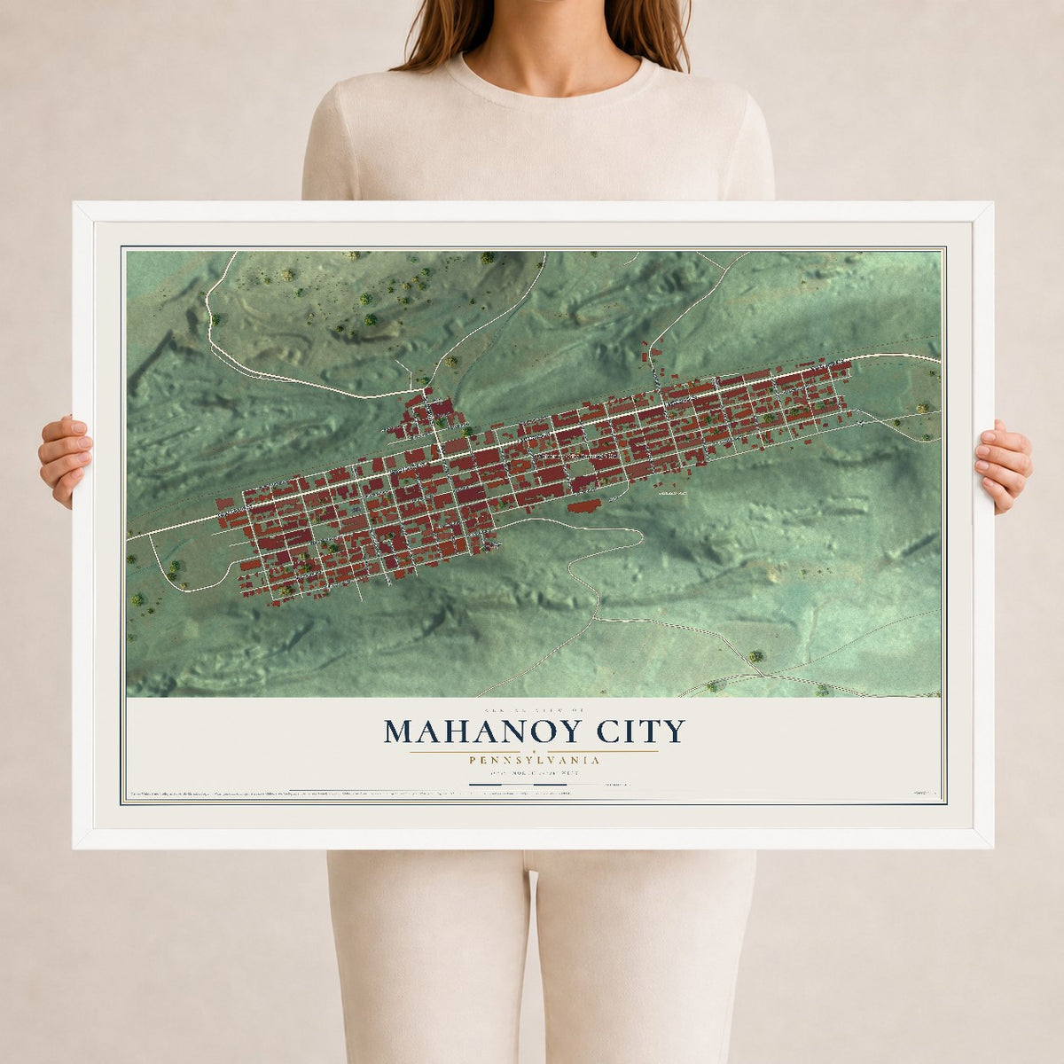 Map of Mahanoy City, Pennsylvania, 24 x 36 inch print in a white wood frame