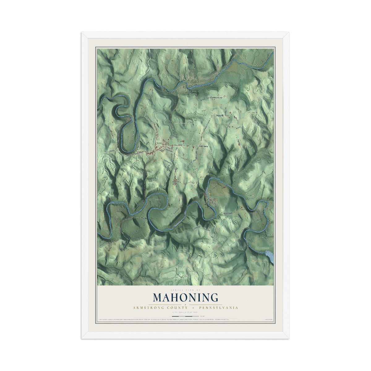 Map of Mahoning, Armstrong County, Pennsylvania, 12 x 18 inch print in a white wood frame