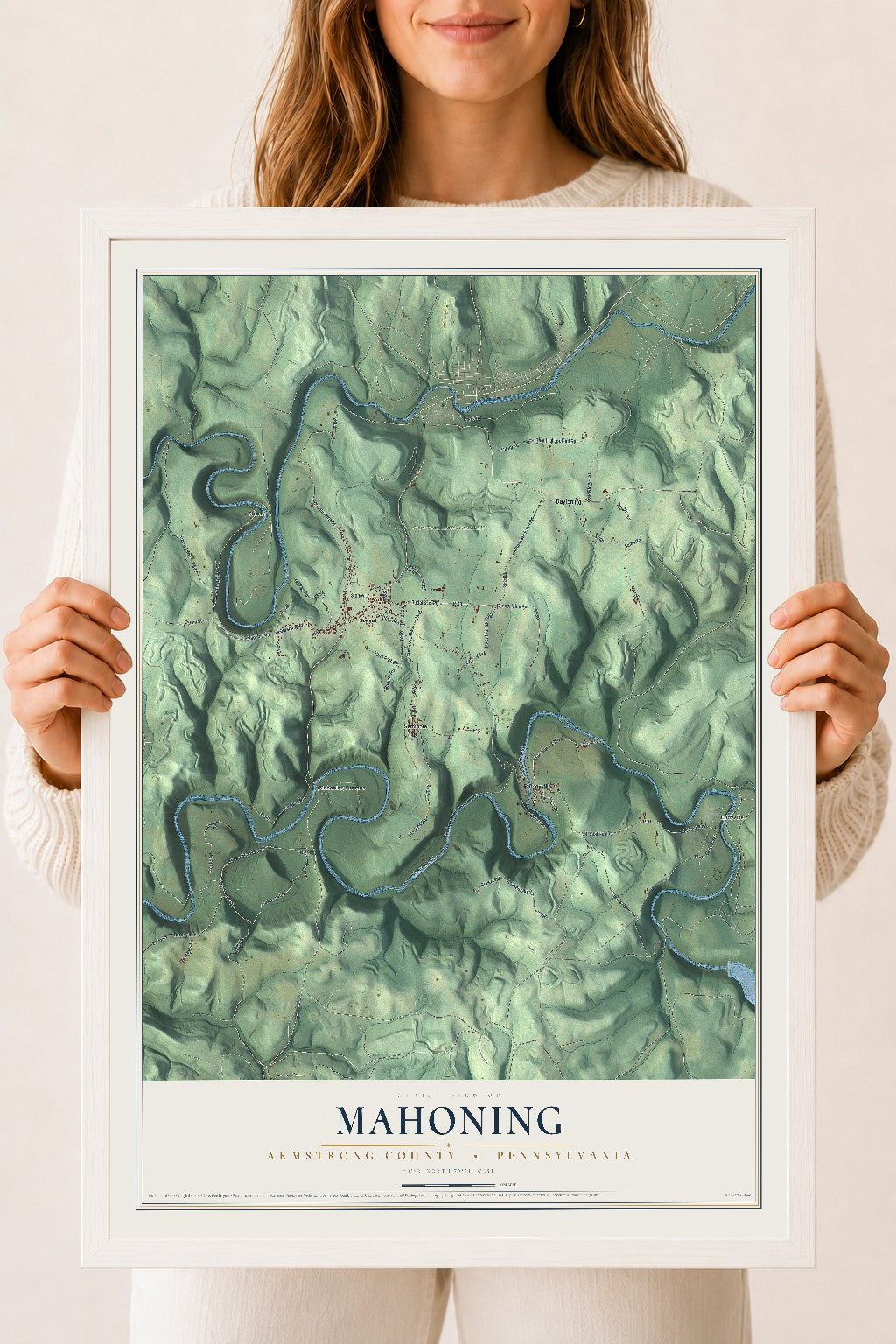 Map of Mahoning, Armstrong County, Pennsylvania, 18 x 24 inch print in a white wood frame