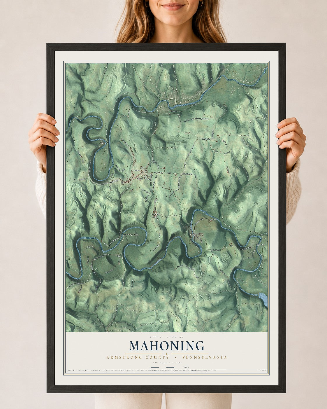 Map of Mahoning, Armstrong County, Pennsylvania, 24 x 36 inch print in a black wood frame