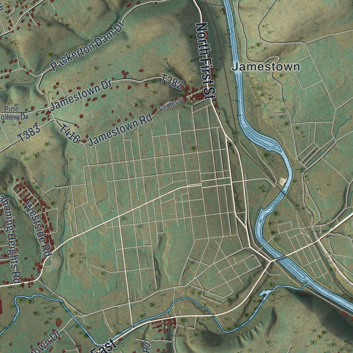 Second close-up of the map of Mahoning, Carbon County, Pennsylvania print showing more streets and buildings
