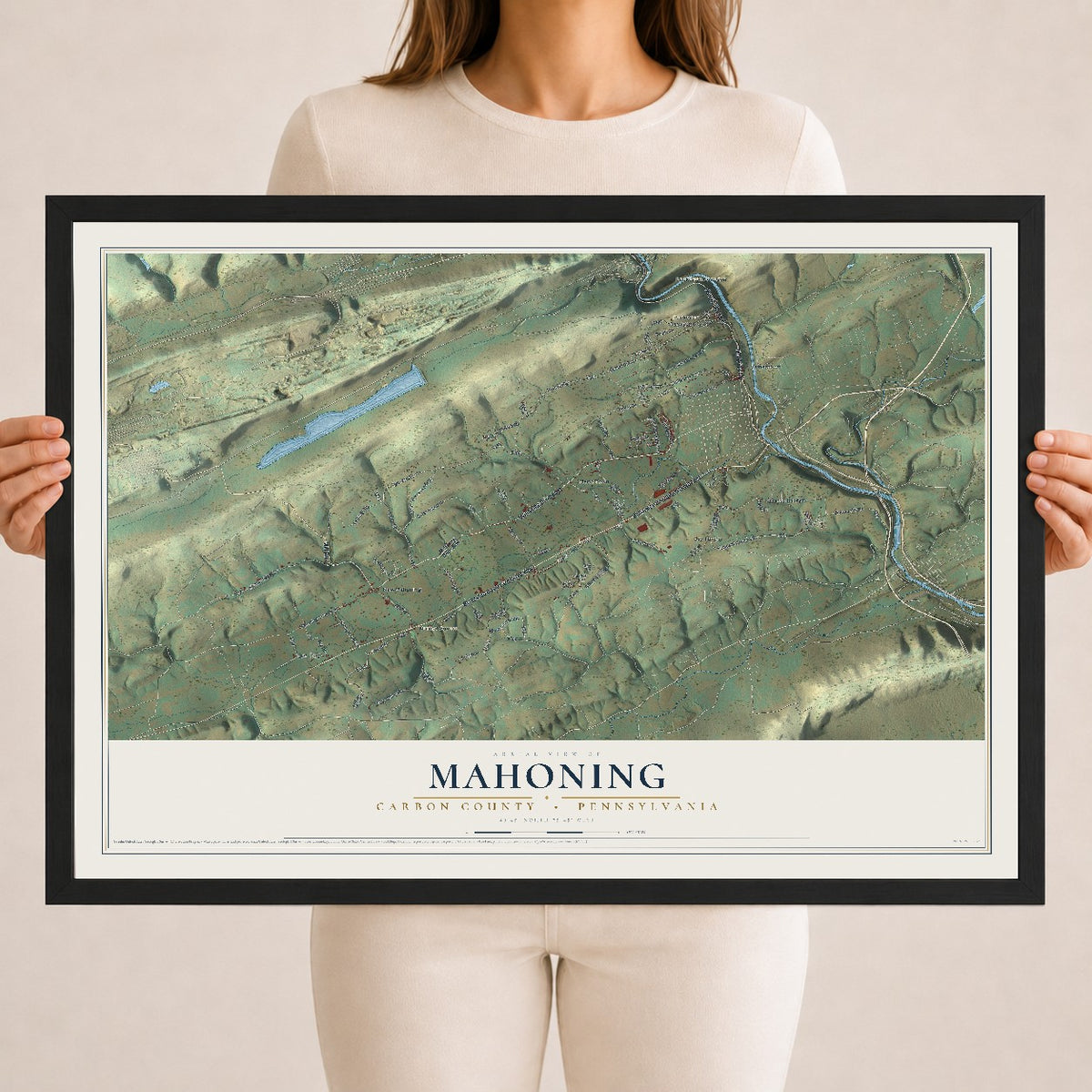 Map of Mahoning, Carbon County, Pennsylvania, 18 x 24 inch print in a black wood frame