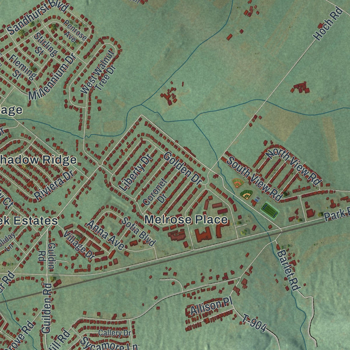 Close-up of the map of Maidencreek, Pennsylvania print showing street and building detail