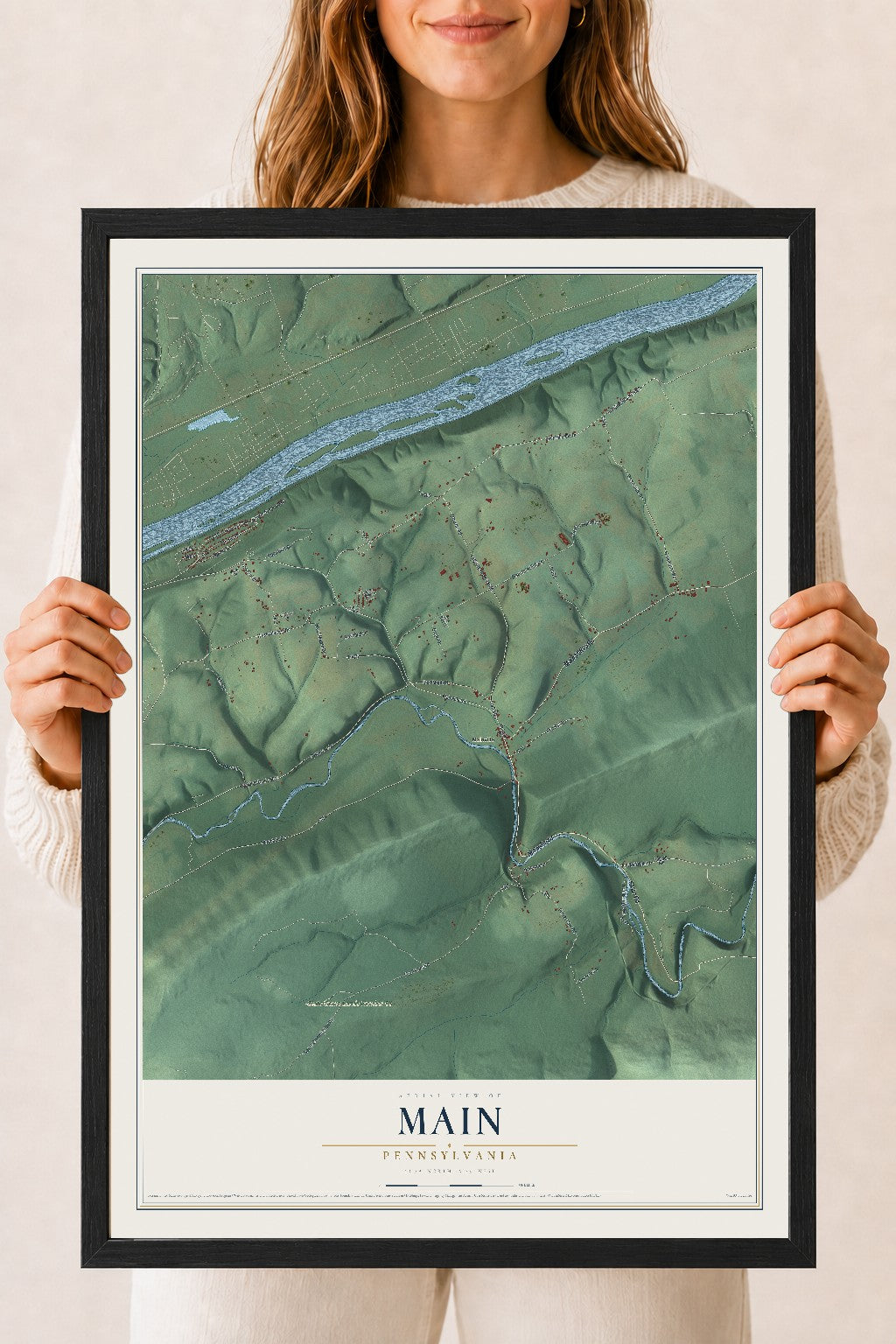Map of Main, Pennsylvania, 18 x 24 inch print in a black wood frame